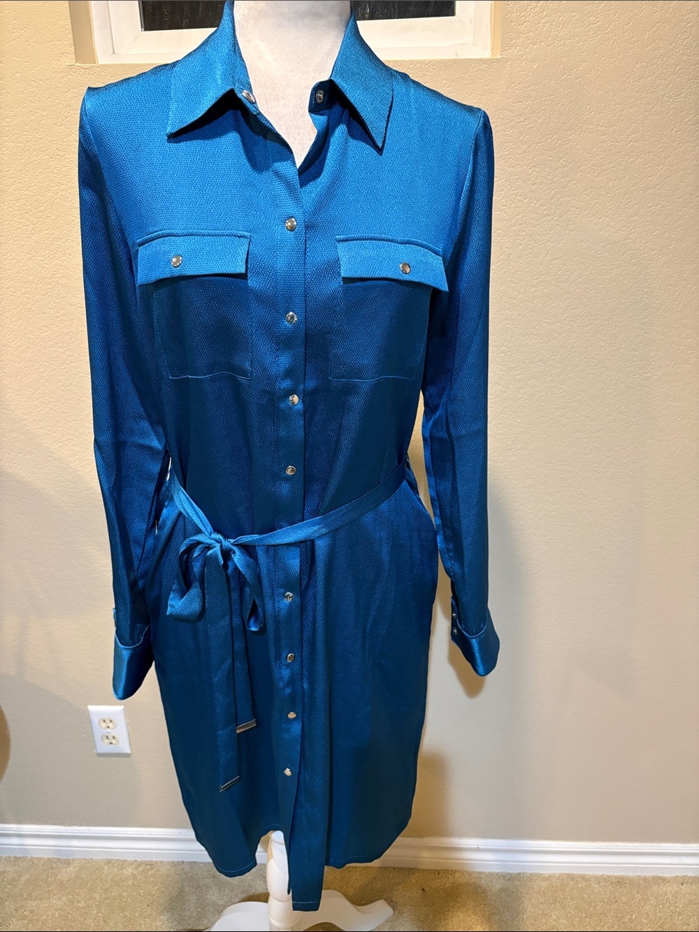 White House Black Market Teal Blue Long-Sleeve Shirt Dress with Self Tie-Size 8